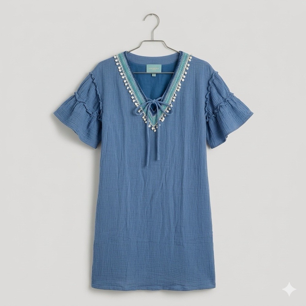 Skies Are Blue Mini Crinkle Gauze Ruffle Sleeve Tie‎ Front Boho Dress Sz XS